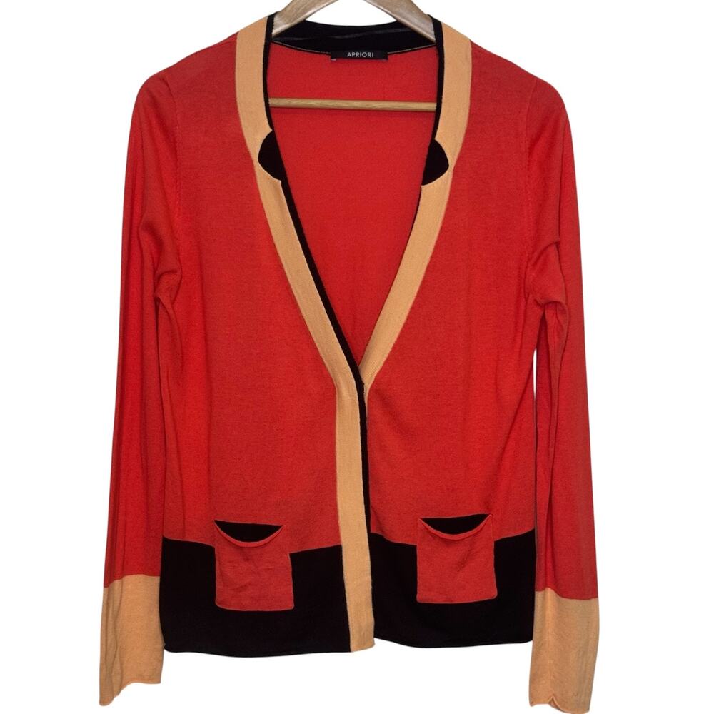 Apriori by Escada Cotton Blend Color Block Single Snap Cardigan Sweater Pockets
